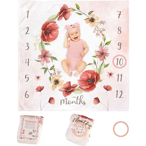 Monthly Baby Milestone Blanket,47"x47" Premium Fleece Baby Monthly Milestone Blanket for Baby Boy or Baby Girl with Felt Marker, Baby Month Milestone Blanket (Floral Blush)