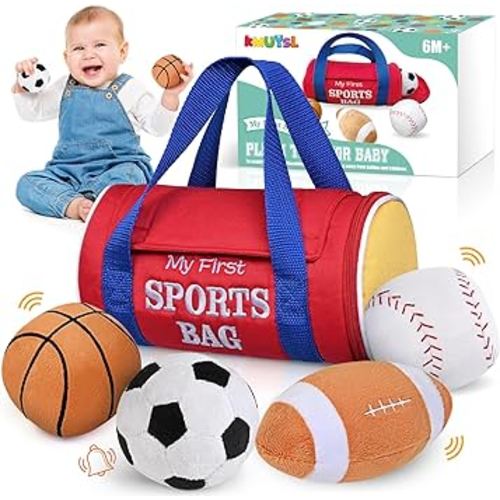 KMUYSL Baby Toys 0-12 Months, My First Sports Bag Plush Toy - 4 Sensory Balls Soft Toys with Crinkle, Rattles for 0-3-6-9-12 Month Newborn Infant, 1st Birthday for Babies Boys Girls Age 1+