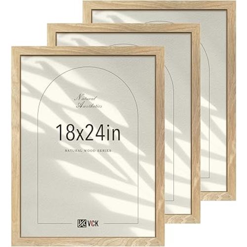 VCK 18x24 Poster Frame Set of 3, Natural Solid Wood Picture Frame with Exclusive Wood Grain, Wall Hanging