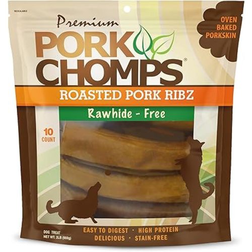 Pork Chomps Roasted Pork Skin Dog Chews, 6-inch Rib Shapes, 10 Count