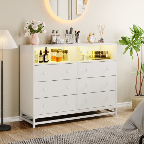 Ebern Designs 6 Drawer Double Dresser Tv Stand, Bedroom Dresser With Power Outlet & Led Light, Wood Dresser For Nursery, Living Room, Hallway, 47.2''W×15.8''D×36.2''H & Reviews | Wayfair