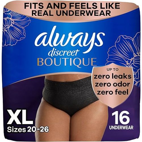 Always Discreet Boutique Incontinence and Postpartum Underwear for Women, Maximum Protection, Extra Large, Black, 16 Count