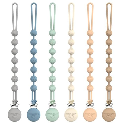 Cuddle Campus Pacifier Clip,Pack of 6 Pacifier Holder Clip with One Piece Design,Soft Flexible Silicone Baby Pacifier Holder with Texture for Boy and Girl - Neutral - 6 Pack 0-6m Round