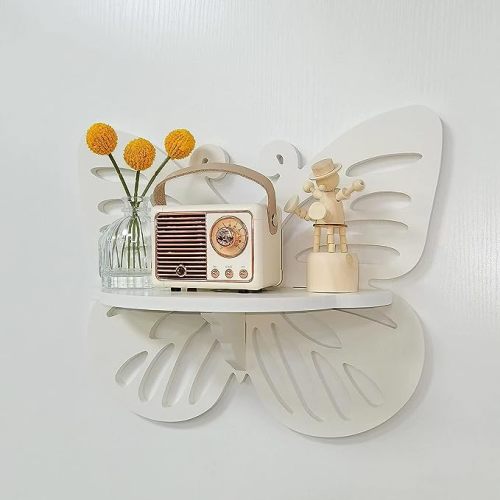 Butterfly Shaped Nursery Wall Deor Floating Shelf, Cute Wall Display Rack for Kid’s Room, Small Decorative Shelf Wall Mounted, White Hanging Wall Shelf for Toys, Plants and Decorations Storage, White