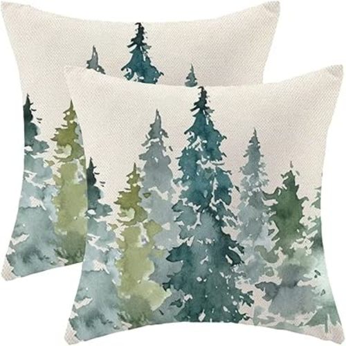 AEIOAE Watercolor Dark Green Tree Pillow Covers 18X18 Set of 2, Nature Themed Christmas Throw Pillow Covers Rustic Forest Pillowcase Decor for Indoor Outdoor Home Sofa Bedroom Living Room