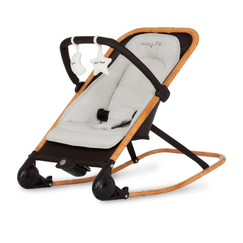 Dream On Me Rock On Me 2-in-1 Baby Rocker and Stationary Seat, Adjustable Recline, Gentle Music & Vibration, 3-Point Safety Harness, Detachable Toy Bar, Folds Compact for Travel – Black & Grey