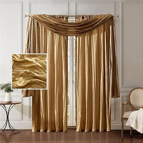 Elrene Home Fashions Athena Faux Crushed-Silk Window Curtain Panel and Valance Set, 52"x84" (2 Panels) & 1 Valance, Gold