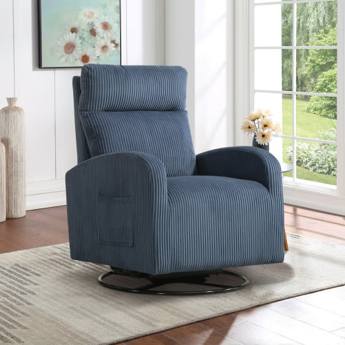 Dinosisco Swivel Glider Rocker for Nursery, Corduroy High Back Rocking Chair in Navy Blue