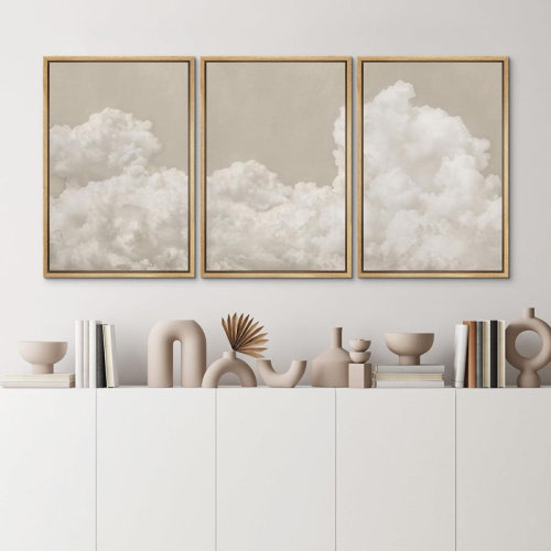 wall26 " Muted Serene Sky Filled With Fluffy Clouds Illustrations Neutral Art Decor Chic Living Room " 3 - Pieces | Wayfair