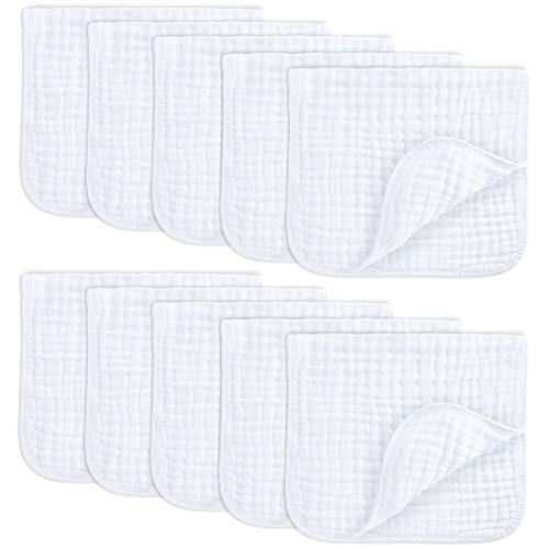 Comfy Cubs Muslin Burp Cloths 20" x 10", Pack of 10 - Large, 6-Layer, Ultra Absorbent 100% Cotton for Baby Drool and Messes - Soft, Safe & Gentle Baby Burp Cloths for Boys & Girls - White