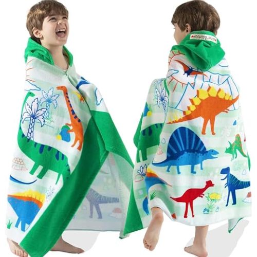 VOOVA & MOVAS Dinosaur Hooded Beach Towel for Kids Age 3-8, Large 30"x50" 100% Cotton Ultra Absorbent Wearable Wrap, Bath Towel for Beach Pool Swim, Birthday Gift for Kids
