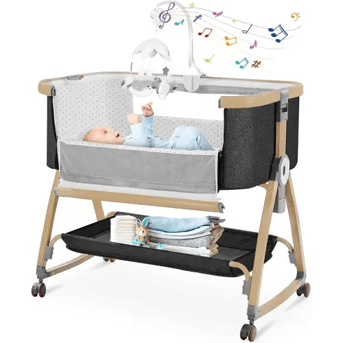 Bedside Bassinet,Bassinet Bedside Sleeper,Rocking Bassinet,3 in 1 Portable Bedside Crib with Mattress,Mobile,Mosquito Net,Storage Basket,6-Height Adjustable Bassinet with Wheels for Newborn,Deep Grey