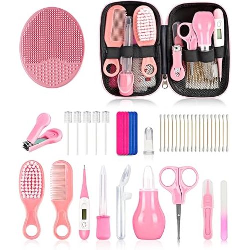 Baby Grooming and Healthcare Kit, Portable Baby Safety Care Set with Hair Brush Comb Nail Clipper Nasal Aspirator for Nursery Newborn Infant Girl Boy (25 in 1 Pink)