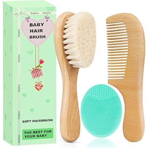 Baby Hair Brush with Wooden Handle and Comb Set for Newborns & Toddlers | Natural Soft Goat Bristles l Wood Comb l Green Silicone Brush| Ideal for Cradle Cap (3 Piece)
