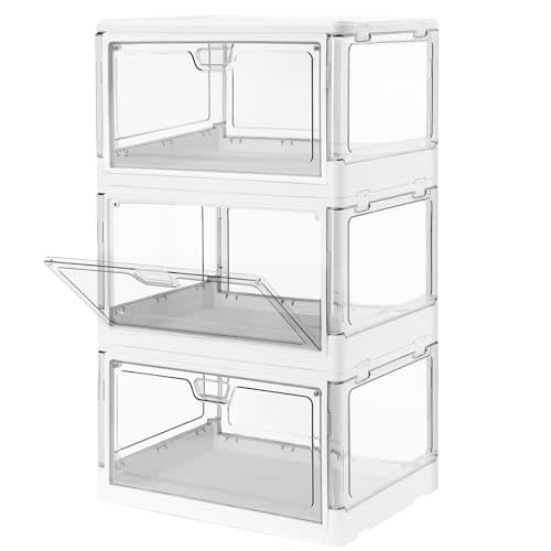 HYBRIDEAS 3-Pack Clear Stackable Storage Bins with Lids Magnetic Doors Open Front Foldable Folding Plastic Craft Containers Large Closet Organizers Box for Bedrooms Living Rooms Study Kids' Toys 24 QT