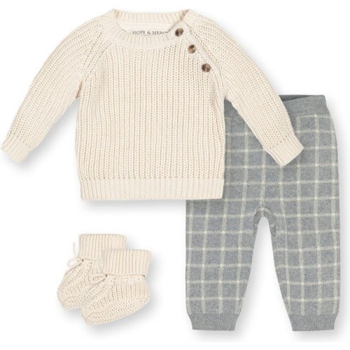 Baby Baby "Organic Pullover, Legging, and Booties Set", Infant, 0-3M, Ivory And Gray Check Set