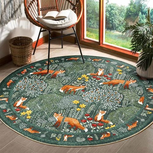 Cute Woodland Forest Kids Rug Boho Floral Round Nursery Rug, Green Aesthetic Bedroom Rug Abstract Tropical 5ft Circle Carpet Washable, Botanical Animals Area Rug for Living Room Entryway Kitchen