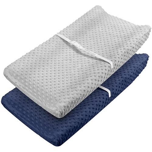 Babebay Changing Pad Cover - Ultra Soft Minky Dots Plush (Lt Grey & Navy Blue)