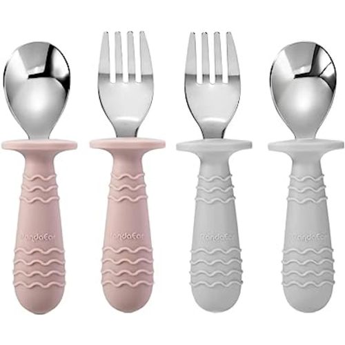 PandaEar 4 Set Baby Toddler Silicone Stainless Steel Utensils Silverware Spoon Fork for Baby Toddler BPA Free with Silicone Holding Anti-Choke Design (Pink&Grey)
