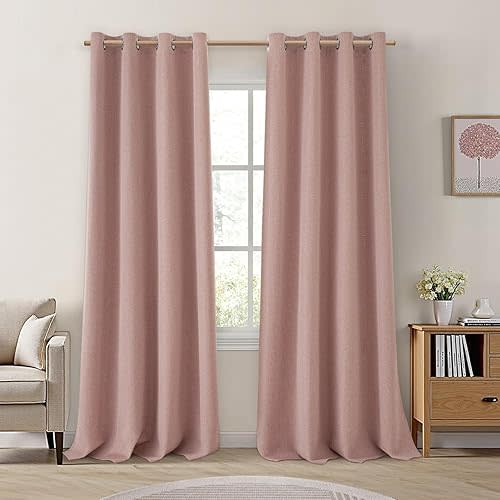 HOMEIDEAS 100% Blackout Curtains 2 Panels Blush Pink Linen Room Darkening Curtains 52 X 84 Inches Thermal Insulated Grommet Window Drapes with Liner for Nursery, Living Room, Bedroom