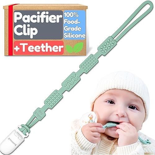 Silicone Pacifier Clip for Babies | 4 Pain Relief Textures, One-piece Design | 100% Food-Grade, Flexible Binky Clips for Boys & Girls, BPA Free Pacifier Holder, Clothing Safe (Ages 0-24M) - Baby’s Aid