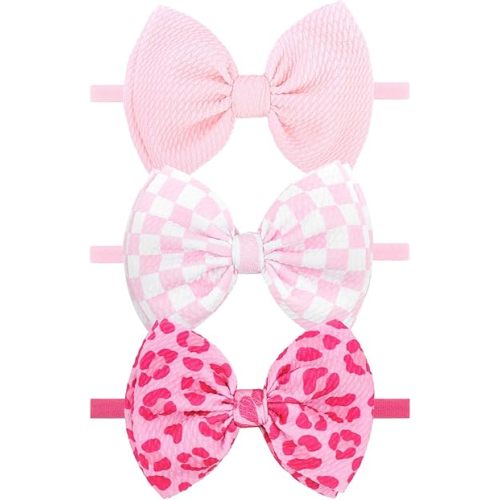 4.5’’ 3PCS Checkered Baby Girl Bows Pink Leopard Headbands Newborn Bows Headband Light Pink Hair Accessories for Girls