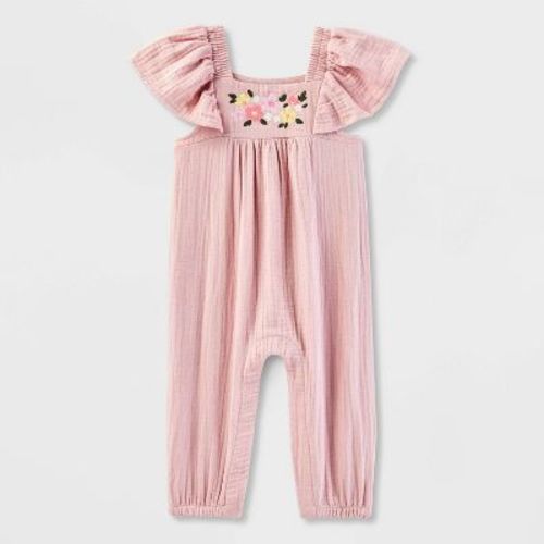 Baby Girls' Embroidered Ruffle Long Sleeve Romper - Cat & Jack™ Light Pink 6-9m