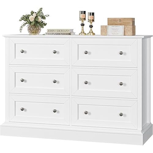 Modern 6 Drawer White Dresser, Wide Chest of Drawers with Deep Drawers & Mental Double Handles, Nursery Dresser for Living Room, Hallway
