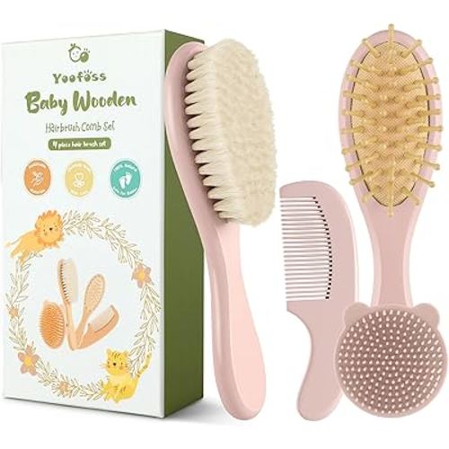 Yoofoss 4 Piece Baby Hair Brush and Comb Set,Wooden Baby Hair Brush with Natural Ultra Soft Goat Hair, Baby Comb Set for Boy, Girl - Pink