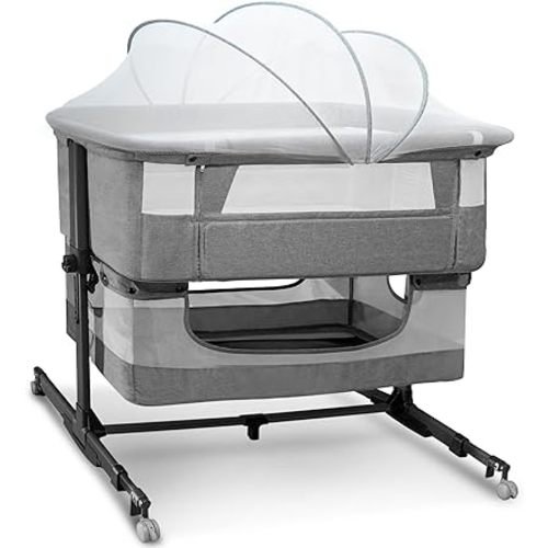 Baby Bassinet, 3 in 1 Bedside Sleeper with Mattress and Mesh Sides, Mosquito Net, Storage Basket, Self Rocking, 5-Height Adjustable, Easy Assemble Crib for Newborn, Gray