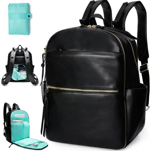 MOMINSIDE Diaper Bag Backpack, Leather Baby Bag with 6 Insulated Pockets, 18 Pockets Travel Backpack Mommy Bag, Changing Pad, Stroller Straps, Wet bag, Large Capacity for Mom Dad (Black)
