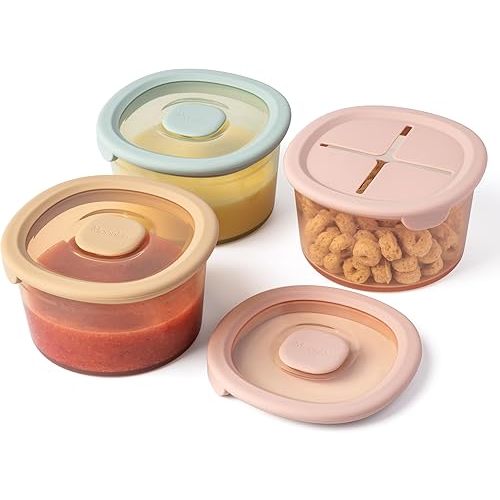 Moonkie Silicone Baby Food Storage Containers | 8 oz Baby Food Jars with Airtight Lids and A Snack Lid | Snack Containers for Kids | BPA Free | Freezer & Dishwasher Safe | 3 Pack