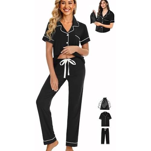 Womens 3Pcs Pajamas Set Soft Pajama Sets Button Down Pjs Set Knit Sleepwear Lounge Sets with Long Pants XS-XXL