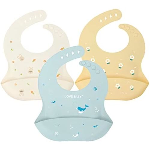 Baby Silicone Feeding Bibs, 3pcs Adjustable Waterproof Bibs for Feeding