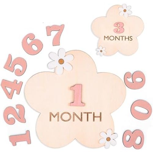 Baby Monthly Milestone, Wooden Baby Milestone Signs, Monthly Milestone Wood Discs, Baby Milestone Discs, Baby Photo Props Cards Interchangeable Number Set of 12 for Baby Growth Recording (3D Flower)
