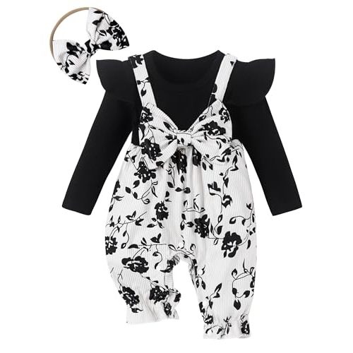 AIBOLYNE Newborn Infant Baby Girl Clothes Outfits Ruffle Romper with Headband Longsleeve Jumpsuit Coming Home Outfit