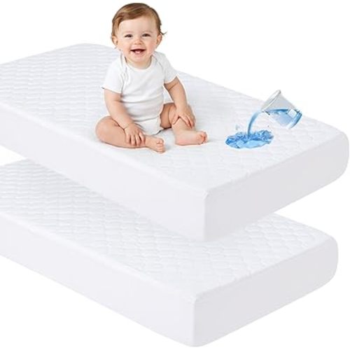 david's kids 2 Pack 52''x28'' Waterproof Crib Mattress Protector Pad Cover Stretch up to 8", Fitted Standard Crib and Toddler Mattresses, Ultra Soft and Breathable for Boys Girls Neutral, White