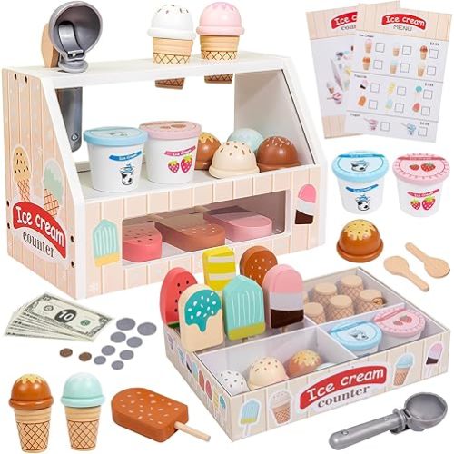 Wooden Ice Cream Set Counter Toy for Toddlers, Wooden Play Food Kitchen Accessories, Pretend Play Ice Cream Shop Toys for Kids Ages 3+, Play Store with Fake Money & Coin
