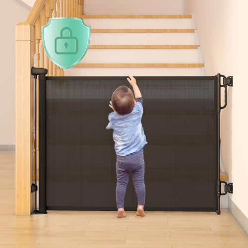 Momcozy Auto Lock Retractable Baby Gate, Safety Gate for Baby and Pet, 33” Tall, Extends to 55” Wide, Mesh Safety Dog Gate for Stairs, Indoor, Outdoor, Doorways, Hallways