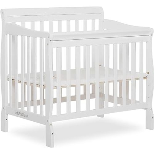 Aden 4-in-1 Convertible Mini Crib In White, Greenguard Gold Certified, Non-Toxic Finish, New Zealand Pinewood, With 3 Mattress Height Settings