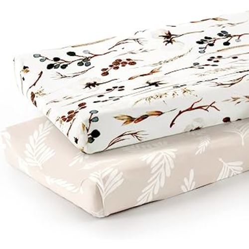 GRSSDER Stretch Ultra Soft Jersey Knit Changing Pad Cover Set 2 Pack, Change Table Pad Covers Fit 32"/34" x 16" Pads Safe and Snug, Unisex Stylish Pretty Diaper Change Table Sheets for Baby, Beige