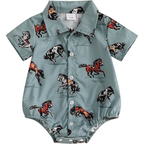 Western Baby Boy Clothes Cowboy Shirt Romper Short Sleeve Onesie Button Down Bodysuit Infant Summer Gentleman Outfit