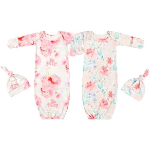 Newborn Baby Sleeper Gown with Hat Knotted Gown Nightgown Coming Home Outfits for Baby Girl 2 Pieces Set