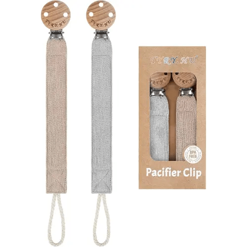 TYRY.HU Ribbon Pacifier Clip Holder,2 Pack Binky Paci Holder Clips, Pacifier Leash for Baby Boys and Girls, Soft Webbing Strap Universal Fits for Most Pacifier, Styles & Teethers Toys(Khaki,Grey)