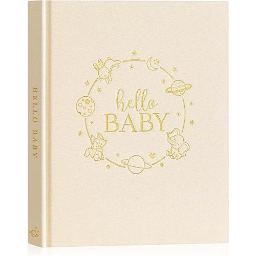 Lanpn Hello Baby Memory Book for Boy Girl - Linen Hardcover Baby Book Keepsake for New Parents - Newborn Baby First 5 Year Journal Scrapbook Photo Album Baby Milestone Book (Beige, 154 Pages)