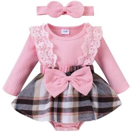 Baby Girl Clothes Fall Winter Outfit Plaid Romper Long Sleeve Dress Lace Ruffles Bodysuit with Bow Headband