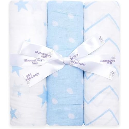 Pack of 3 Super Soft Muslin Swaddle Blankets - 100% Certified Organic Cotton Muslin Swaddles - Blue & White - 47" x 47"