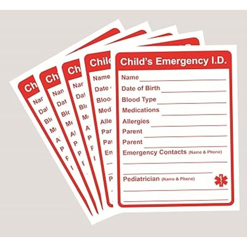 Child Medical Information Sticker, 10pcs 3x4inch Red Child Emergency Contact Sticker,Child Safety Waterproof Sticker for Car Seat