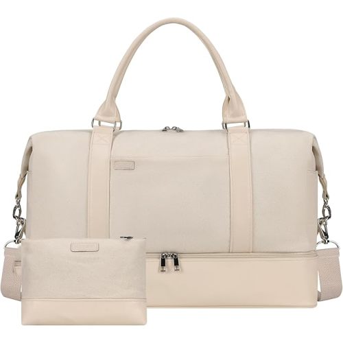 Oeihuivt Weekender Bags for Women - 21 Inch Large Travel Duffel Bag 2-Piece Set with Shoe Compartment, Heavy-Duty Canvas Leather Carry On Overnight Tote