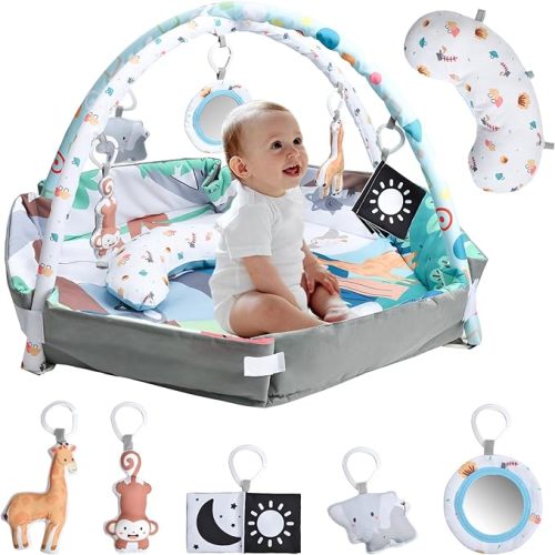 8-in-1Baby Activity Gym Play Mat, Baby Gym & Ball Pit with 5 Toys, Washable Baby Activity Play Mat for Visual, Hearing, Sensory, Motor Development, Baby Toys Gift for Toddler Infant 0-3-6-9-12 Months